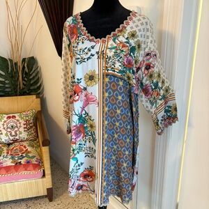 JOHNNY WAS SHANA Floral & Geometric Colorful Print Long Tunic Top! Excellent! Md